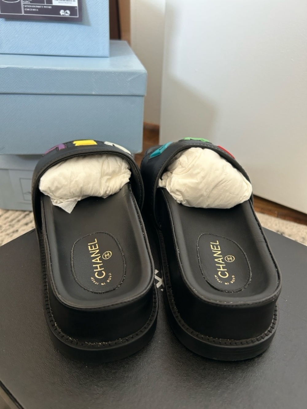 CHANEL Black Leather Slide Sandals with Multicolor Lettering - Picture 6 of 7